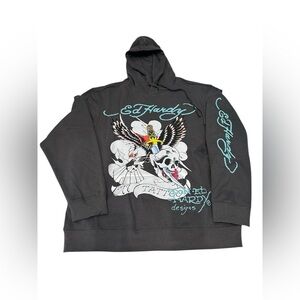 Ed Hardy Men’s Hoodie‎ Sweater Eagle Skull Print Sz L Charcoal Color NWT
